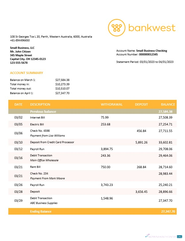Download Bankwest business bank statement Word and PDF template Photoshop template